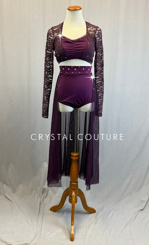 Plum Two Piece with Lace Sleeves and Mesh Back Skirt - Rhinestones