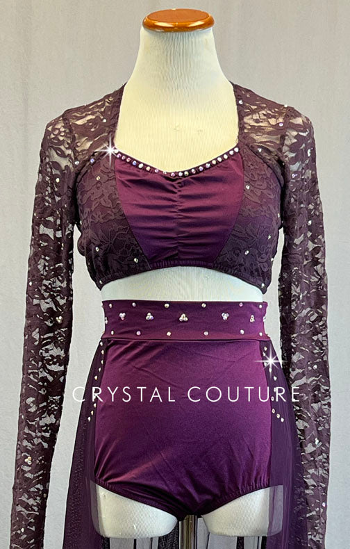 Plum Two Piece with Lace Sleeves and Mesh Back Skirt - Rhinestones