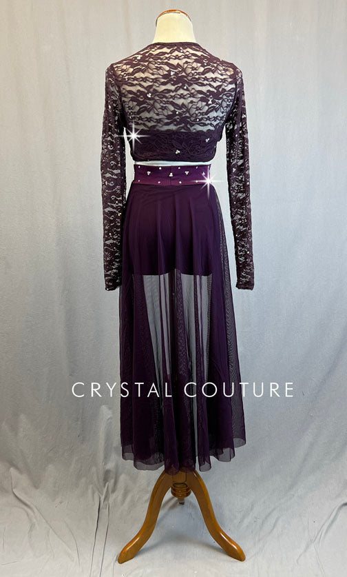 Plum Two Piece with Lace Sleeves and Mesh Back Skirt - Rhinestones