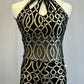 Black Mock Neck Biketard with Gold Swirl Pattern - Rhinestones