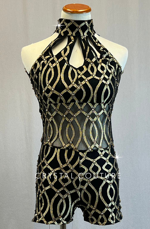 Black Mock Neck Biketard with Gold Swirl Pattern - Rhinestones