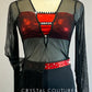 Red Top with Black Mesh Fringed Sleeves and Fringe Shorts - Rhinestones