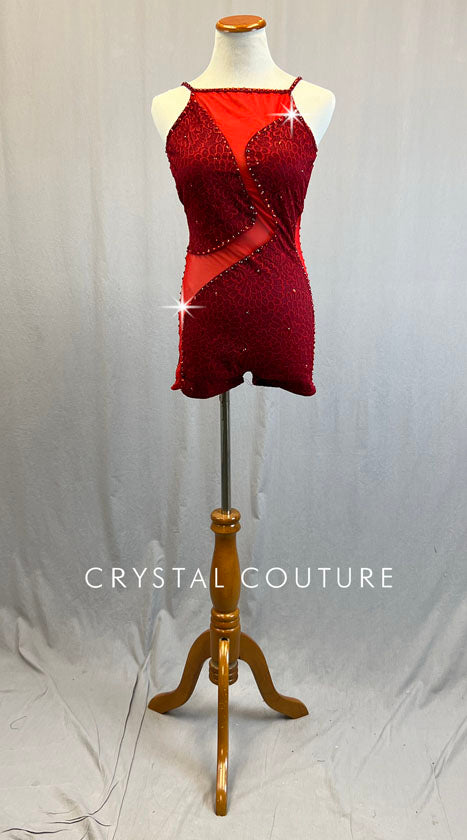 Red Lace and Mesh Biketard - Rhinestones