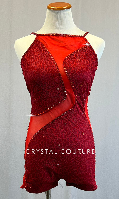 Red Lace and Mesh Biketard - Rhinestones