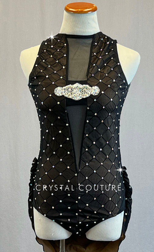 Custom Black Diamond Print Mesh with Back Skirt and Brown Lining - Rhinestones