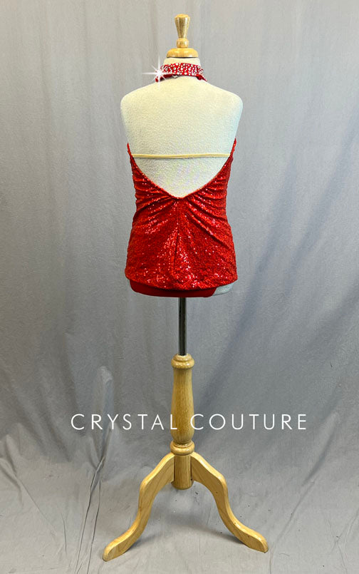 Red Zsa Zsa Halter Top with Trunks - Rhinestones