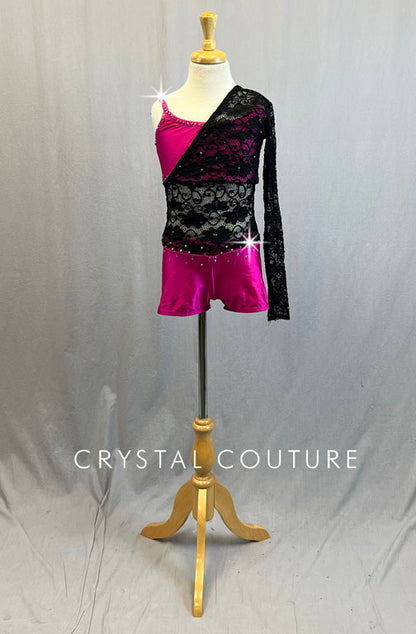 Custom Pink Top and Shorts with Connected Black Lace Single Arm Overlay - Rhinestones