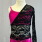 Custom Pink Top and Shorts with Connected Black Lace Single Arm Overlay - Rhinestones