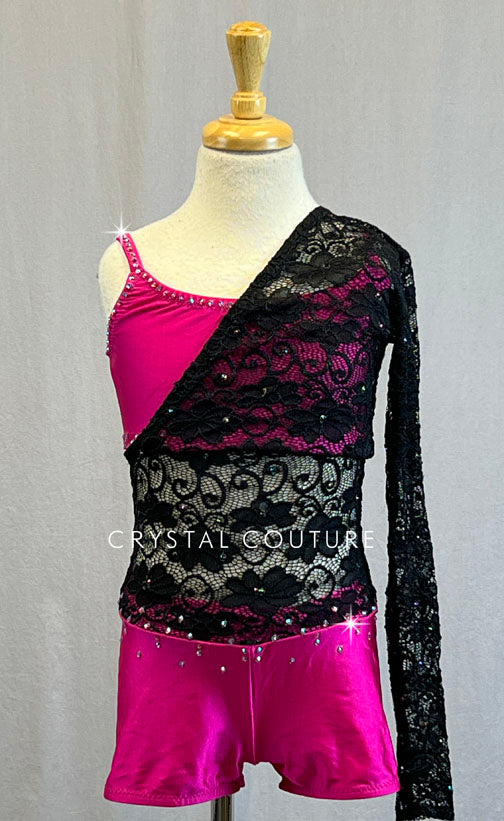 Custom Pink Top and Shorts with Connected Black Lace Single Arm Overlay - Rhinestones