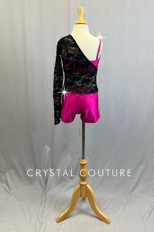 Custom Pink Top and Shorts with Connected Black Lace Single Arm Overlay - Rhinestones