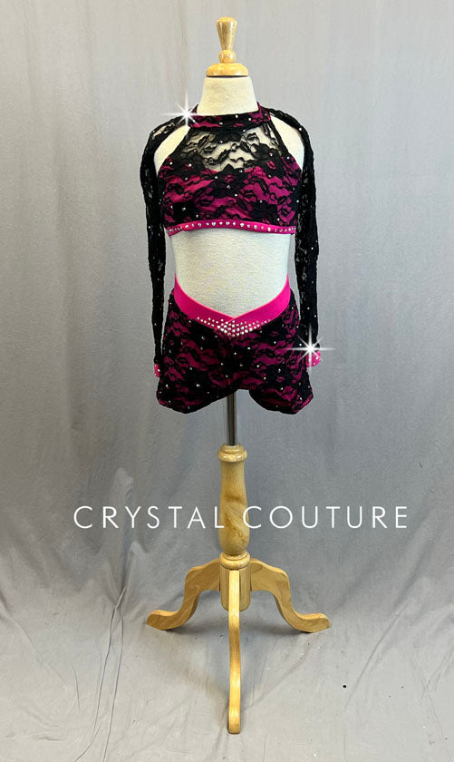 Custom Hot Pink & Black Lace Two Piece - Rhinestones