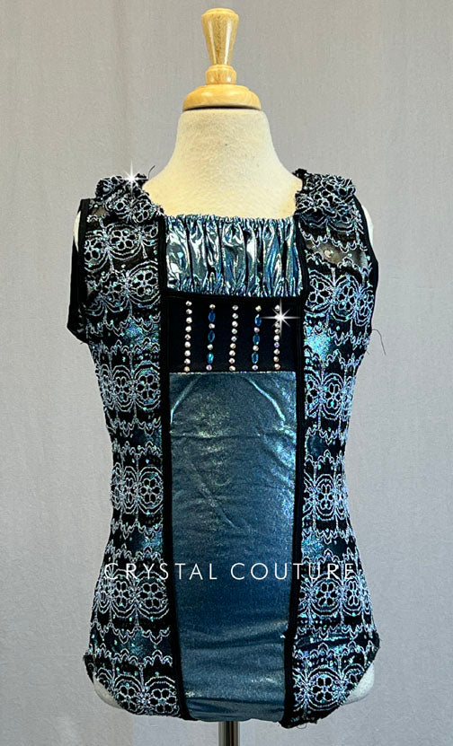 Custom Holographic Blue and Black Leotard with Embroidered Lace - Rhinestones