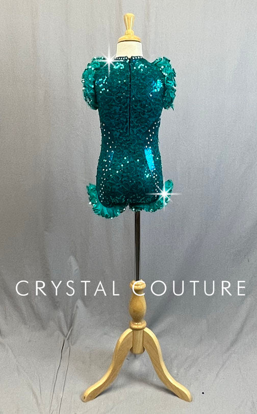 Turquoise Green Biketard with Keyhole Cutout and Ruffled Sleeves - Rhinestones