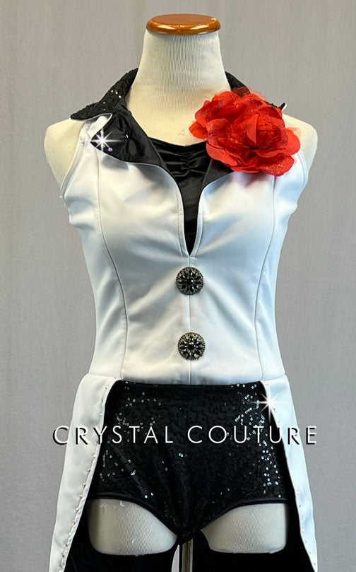 White Sleeveless Tuxedo Top with Tail and Attached Black Zsa Zsa Shorts- Rhinestones