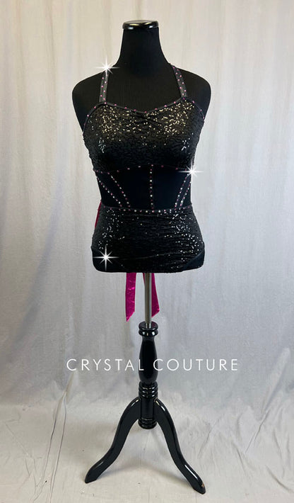 Black Strappy Zsa Zsa Leotard with Mesh Panels and Pink Bow - Rhinestones