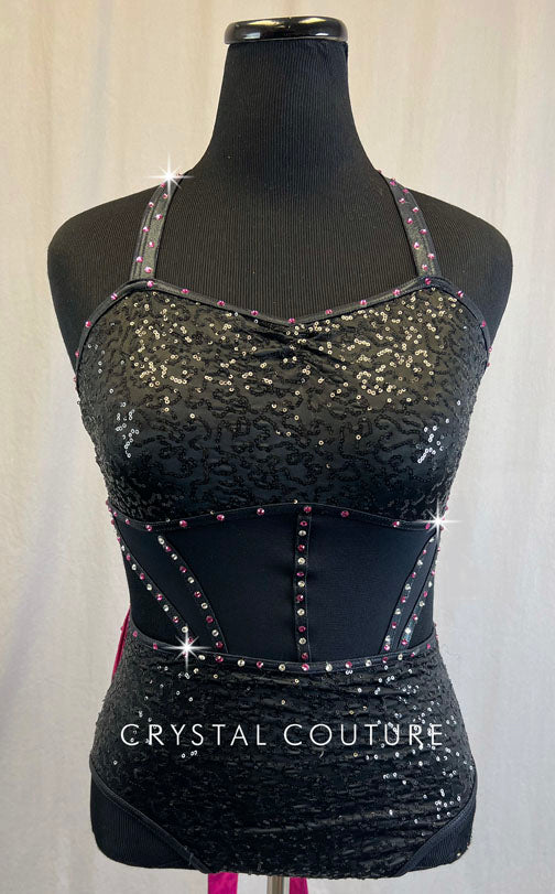 Black Strappy Zsa Zsa Leotard with Mesh Panels and Pink Bow - Rhinestones