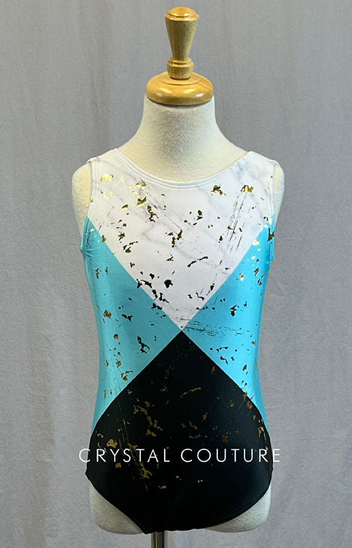 Aqua, Black & White Quadrant Leotard with Gold Flecks Crystal Couture Aqua, Black & White Quadrant Leotard with Gold Flecks Crystal Couture