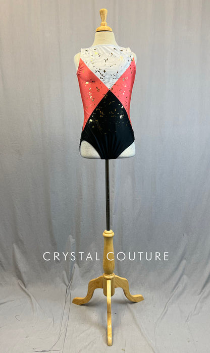 Coral, Black & White Quadrant Leotard with Gold Flecks