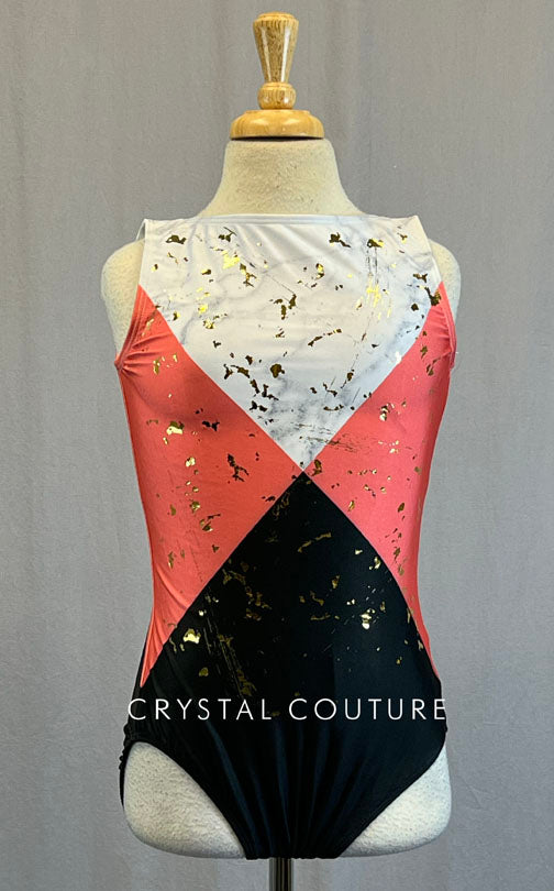 Coral, Black & White Quadrant Leotard with Gold Flecks