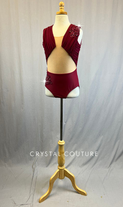 Custom Burgundy Open Back Leotard with Nude Mesh Torso - Rhinestones