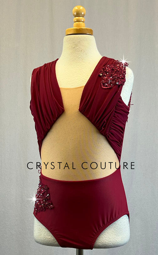 Custom Burgundy Open Back Leotard with Nude Mesh Torso - Rhinestones