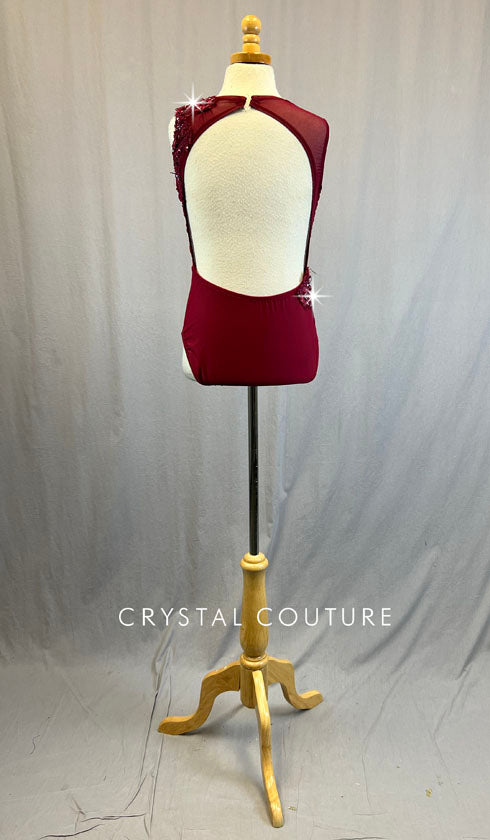 Custom Burgundy Open Back Leotard with Nude Mesh Torso - Rhinestones