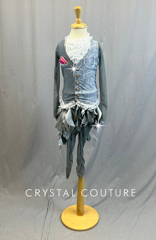 Custom Grey Swirl Vest with Spiral Cut Skirt and White Ruffle Chest - Rhinestones