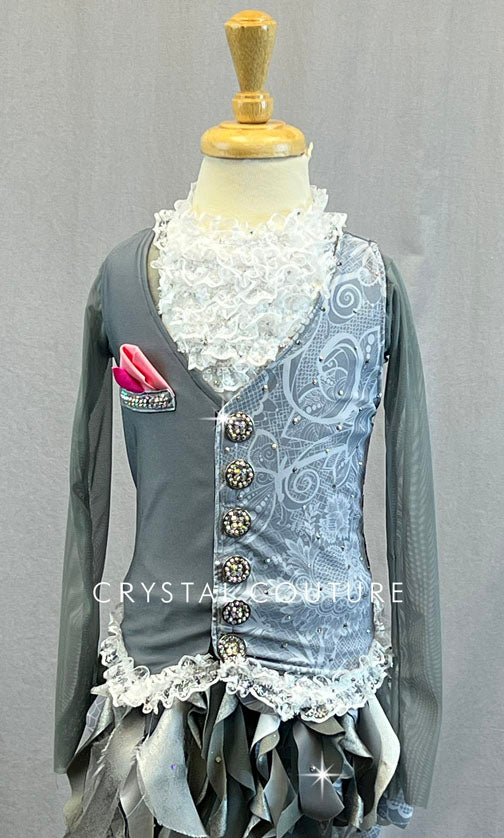 Custom Grey Swirl Vest with Spiral Cut Skirt and White Ruffle Chest - Rhinestones