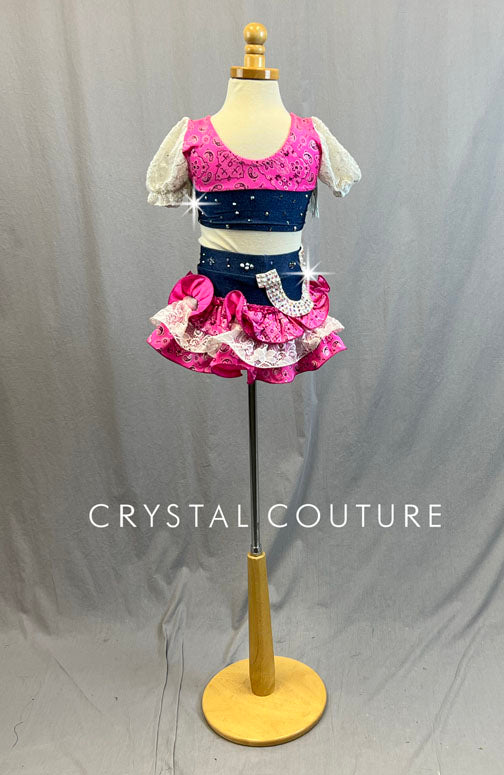Custom Pink & Denim Cowgirl Inspired Two Piece with Layered Ruffle Skirt and Fringe - Rhinestones