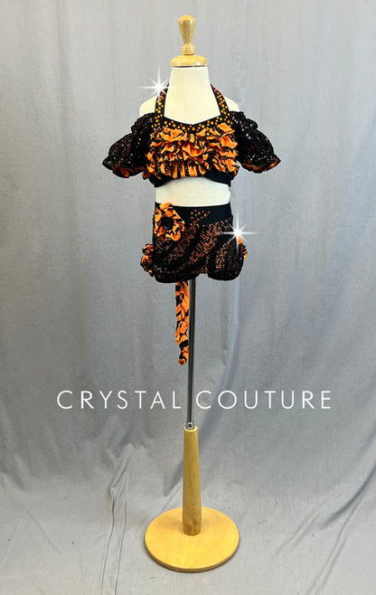 Custom Black & Orange Tiger Inspired Two Piece with Ruffles and Off Shoulder Puff Sleeves - Rhinestones