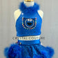 Custom Blue Cookie Monster Two Piece with Circle Skirt and Fur Trim - Rhinestones