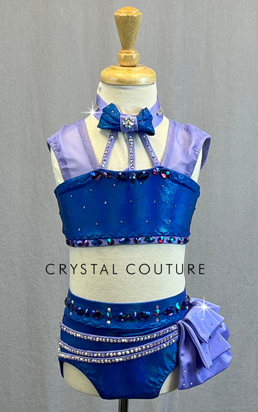 Custom Royal Blue & Lilac Two Piece with Ruffled Side Bustle - Rhinestones