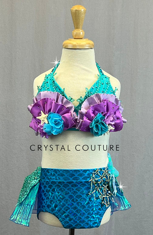 Custom Purple, Teal & Blue Mermaid Inspired Two PIece with iridescent Back Skirt - Rhinestones