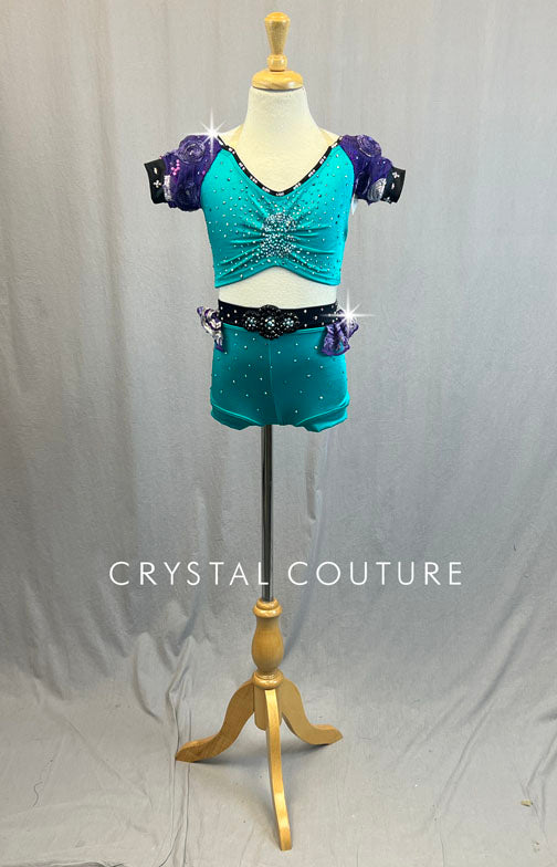 Custom Dark Teal Two Piece with Purple Puff Sleeves and Polka Dot Back Tie - Rhinestones