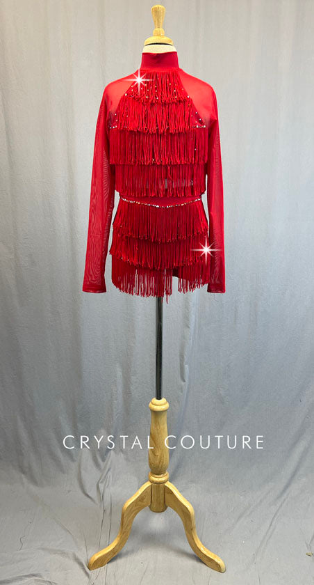 Red Fringe Two Piece with Long Mesh Sleeves - Rhinestones