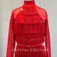 Red Fringe Two Piece with Long Mesh Sleeves - Rhinestones