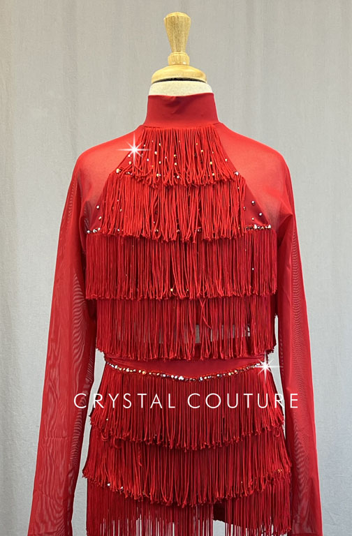 Red Fringe Two Piece with Long Mesh Sleeves - Rhinestones