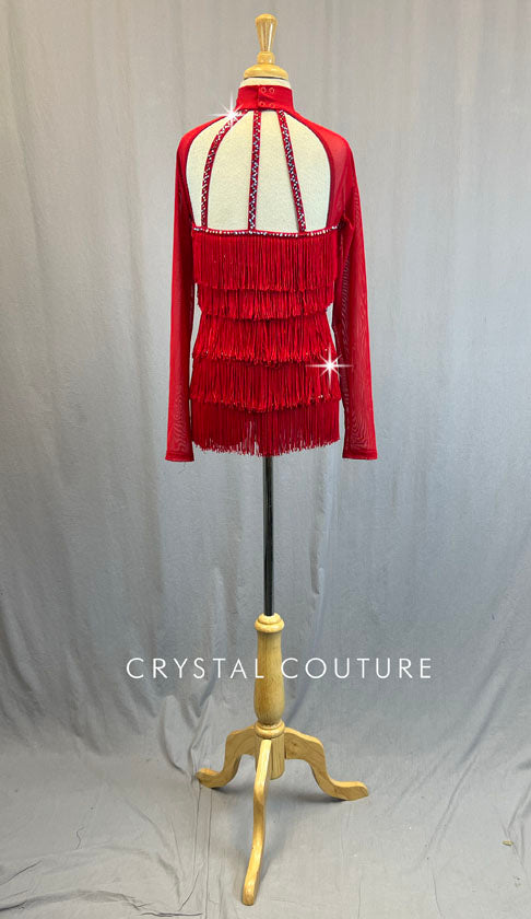 Red Fringe Two Piece with Long Mesh Sleeves - Rhinestones