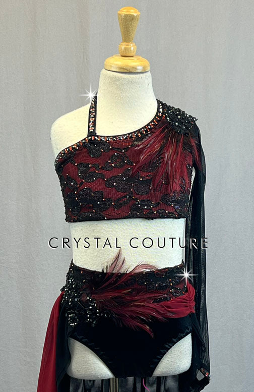 Custom Dark Red & Black Lace Two Piece with Mesh Long Sleeve and Back Skirt - Rhinestones