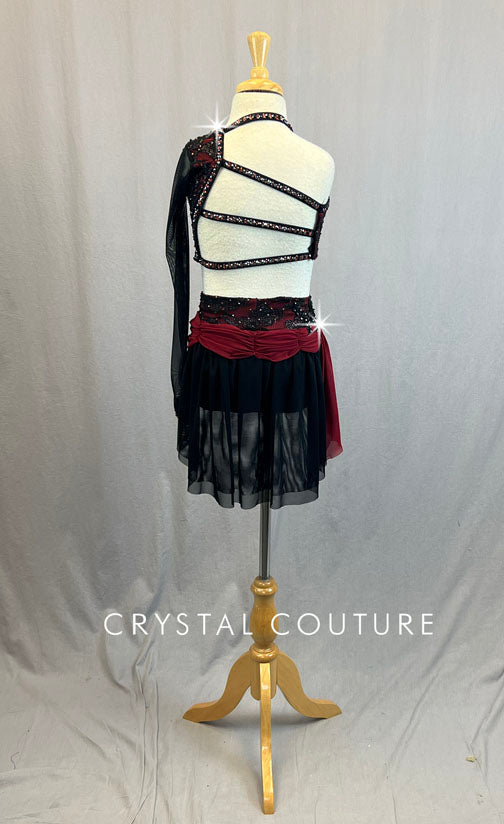 Custom Dark Red & Black Lace Two Piece with Mesh Long Sleeve and Back Skirt - Rhinestones