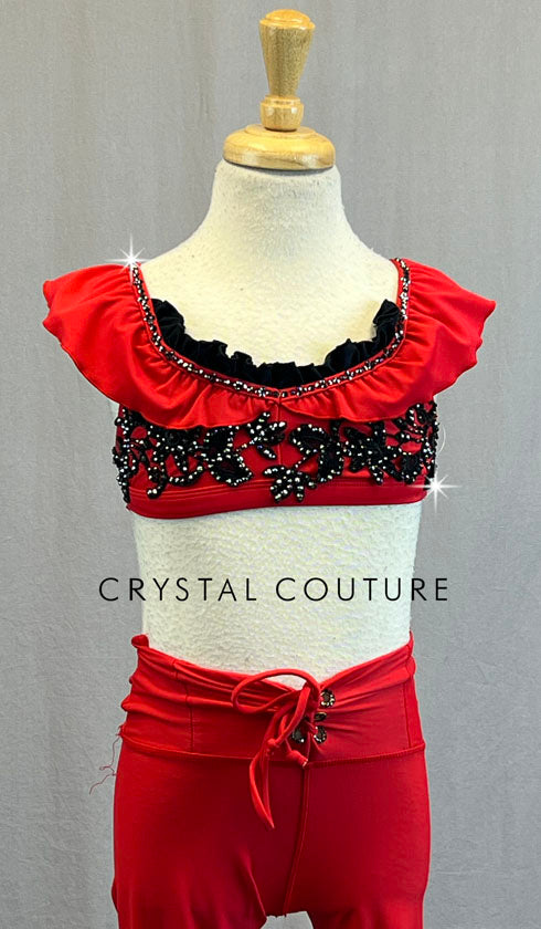 Red & Black Ruffle Top with Tie Front Waisted Leggings - Rhinestones