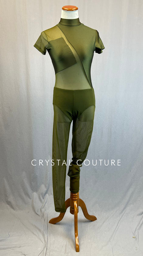 Olive Green Asymmetrical Unitard with Mesh Leggings and Inserts