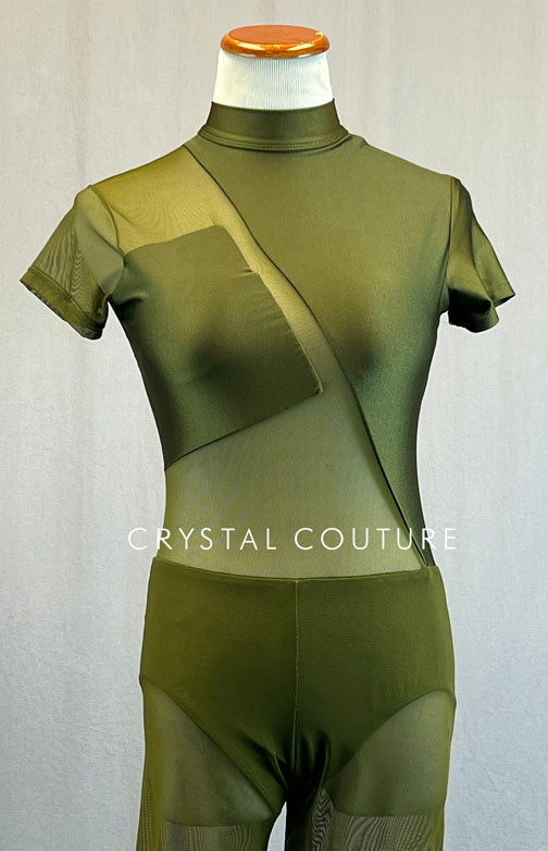 Olive Green Asymmetrical Unitard with Mesh Leggings and Inserts