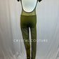 Olive Green Asymmetrical Unitard with Mesh Leggings and Inserts