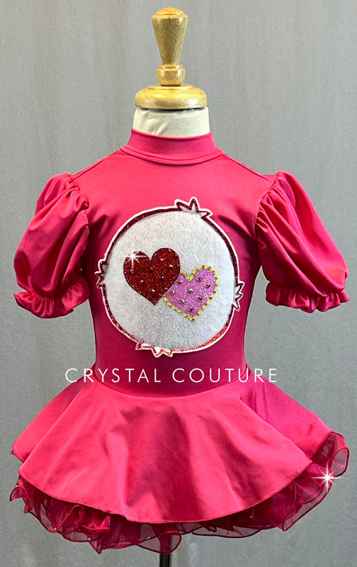 Custom Pink Care Bear Puff Sleeve Dress with Circle Skirt and Crinoline - Rhinestones