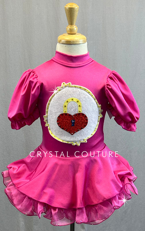 Custom Hot Pink Care Bear Puff Sleeve Dress with Circle Skirt and Crinoline - Rhinestones