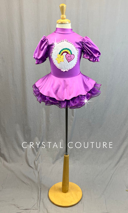 Custom Purple Care Bear Puff Sleeve Dress with Circle Skirt and Crinoline - Rhinestones