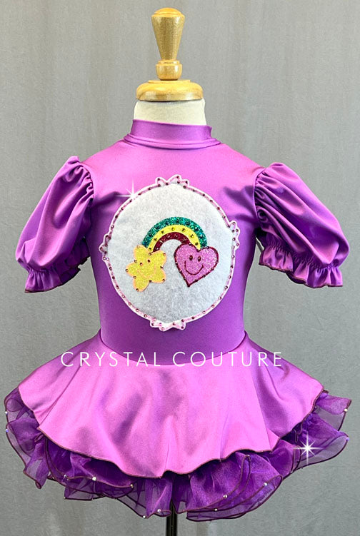 Custom Purple Care Bear Puff Sleeve Dress with Circle Skirt and Crinoline - Rhinestones