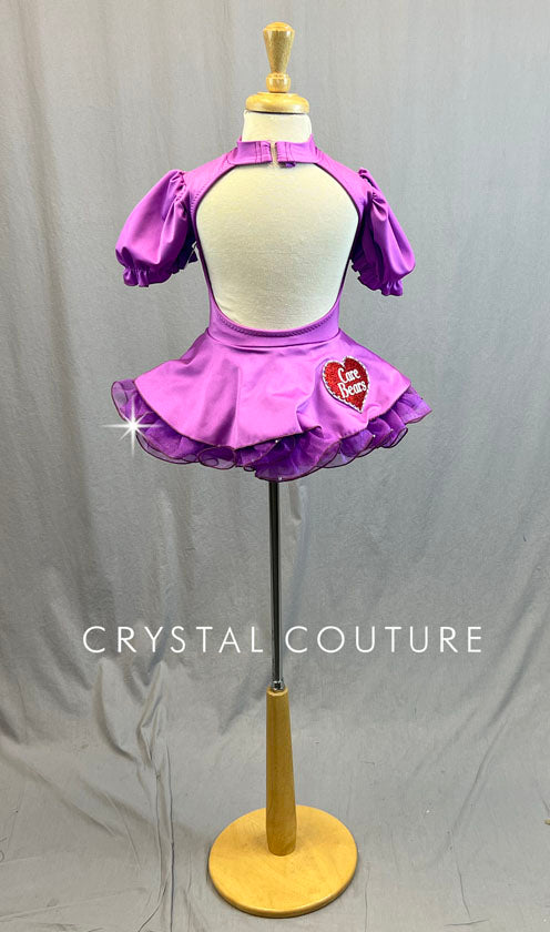 Custom Purple Care Bear Puff Sleeve Dress with Circle Skirt and Crinoline - Rhinestones