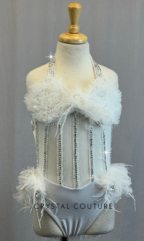 Custom White Bustier Leotard with Ruffle Top and Bustle Rhinestones